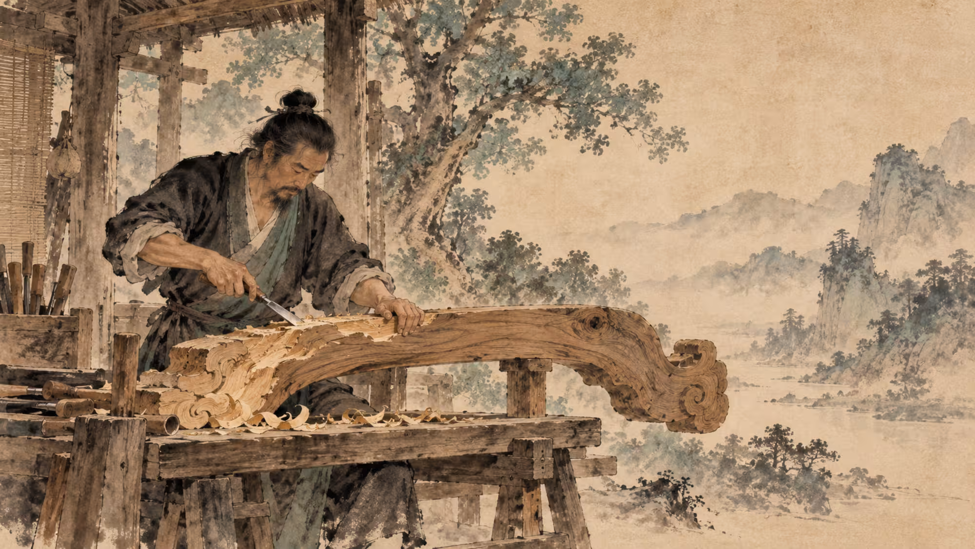 Qing working on a curved wooden beam; a tree is visible behind his open workshop.