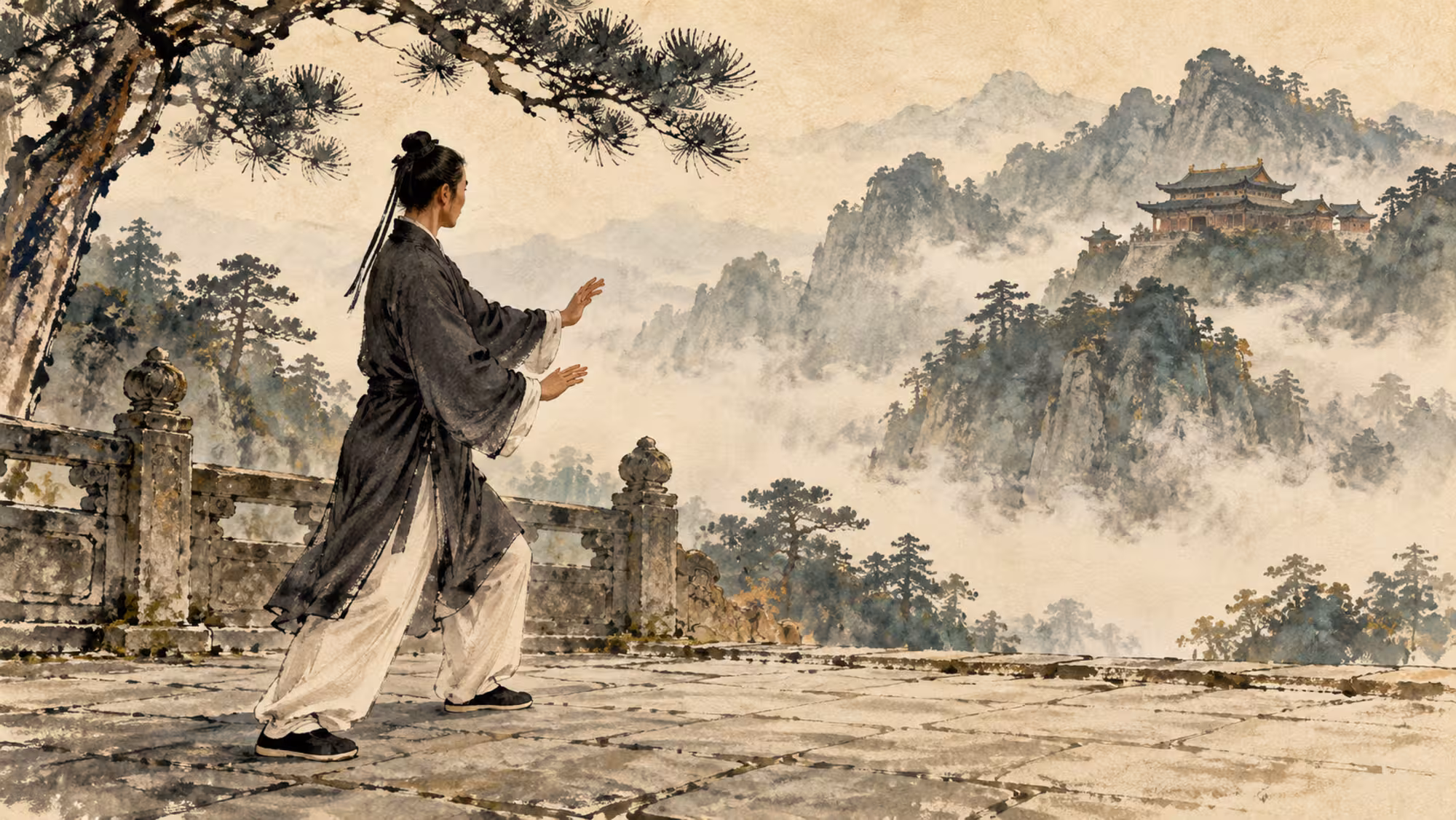 A Taiji practitioner moves with relaxed shoulders and upright posture in a stone Wudang courtyard.